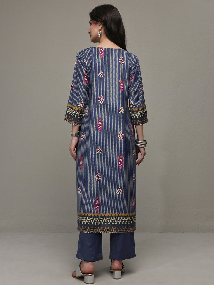 Navy Blue Striped Printed Silk Blend Straight Kurta