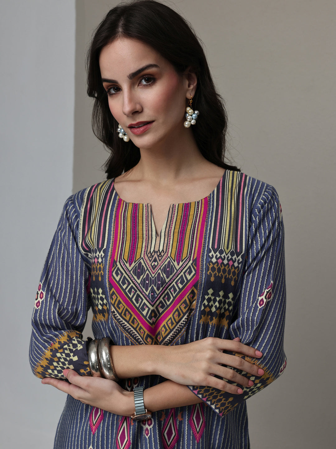 Navy Blue Striped Printed Silk Blend Straight Kurta
