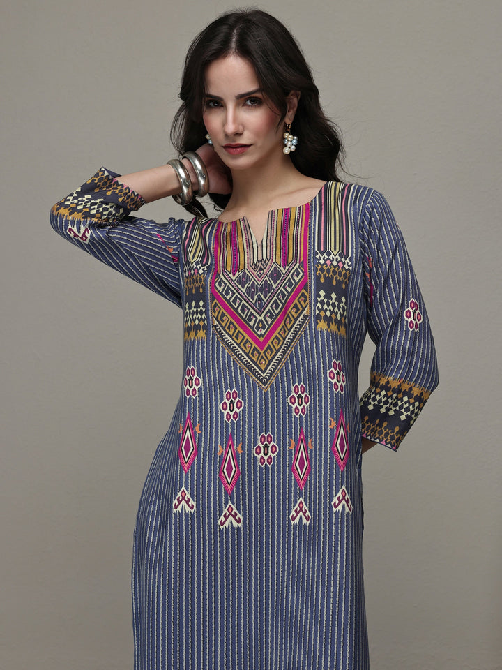 Navy Blue Striped Printed Silk Blend Straight Kurta