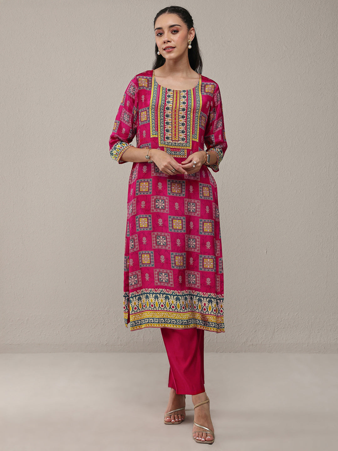 Libas Pink Ethnic Printed Crepe Straight Kurta