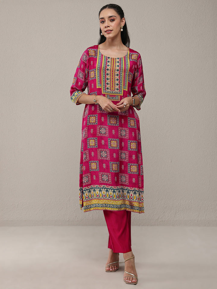 Libas Pink Ethnic Printed Crepe Straight Kurta