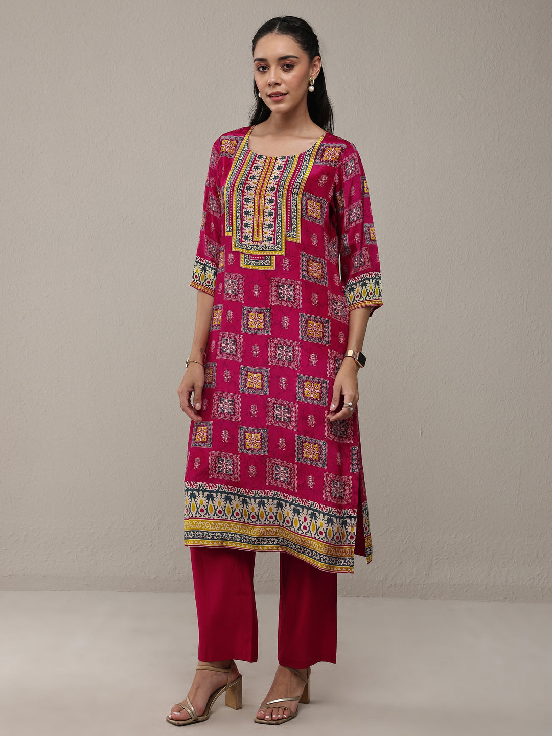 Libas Pink Ethnic Printed Crepe Straight Kurta