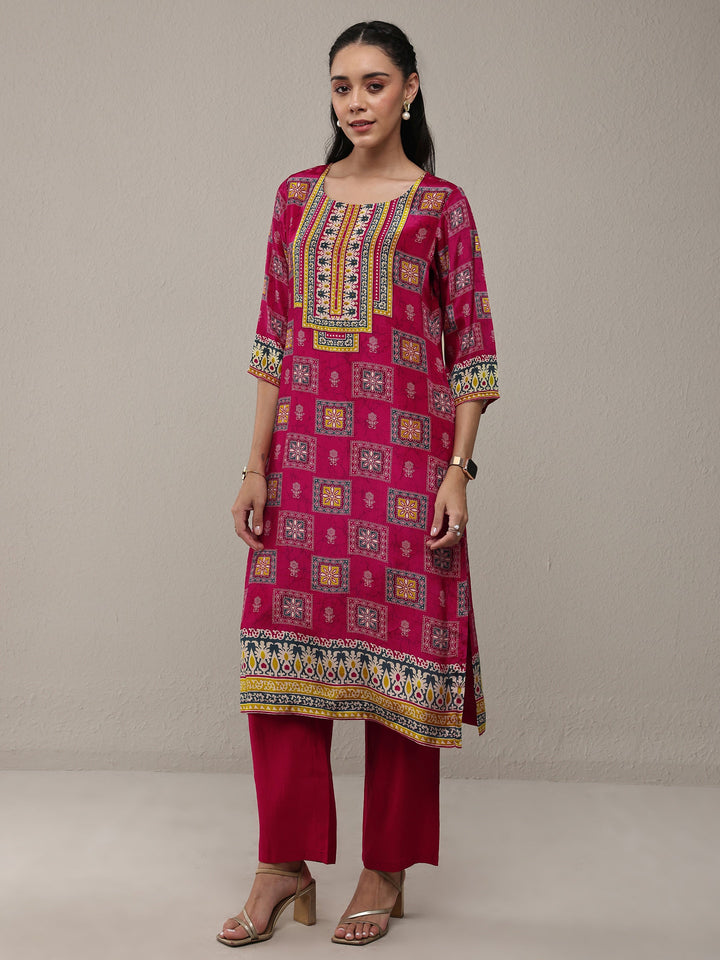 Libas Pink Ethnic Printed Crepe Straight Kurta