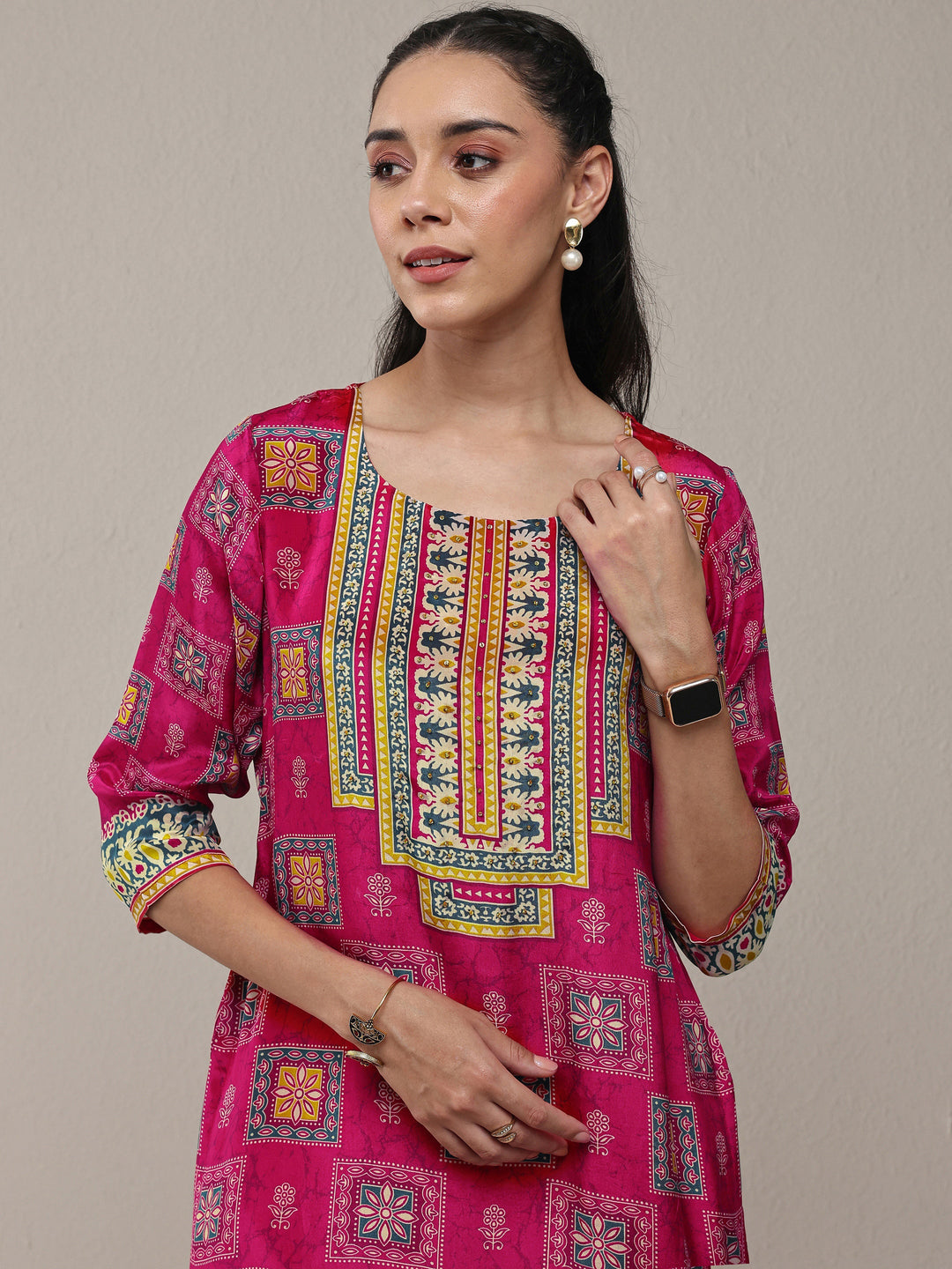 Libas Pink Ethnic Printed Crepe Straight Kurta