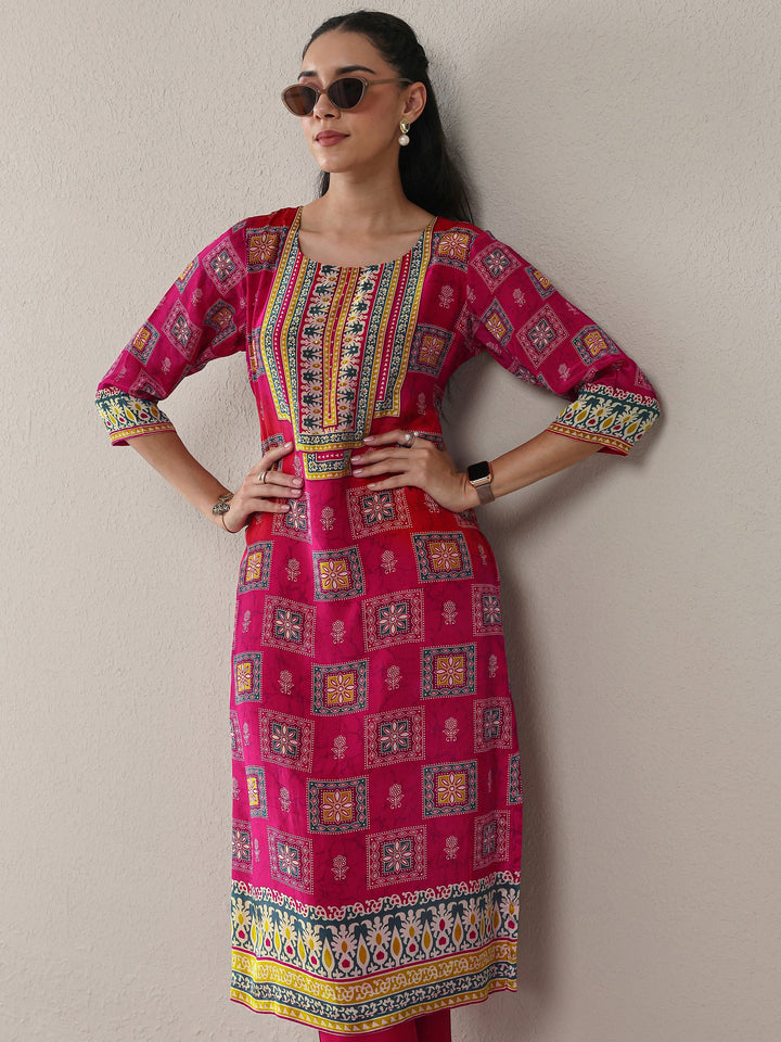 Libas Pink Ethnic Printed Crepe Straight Kurta