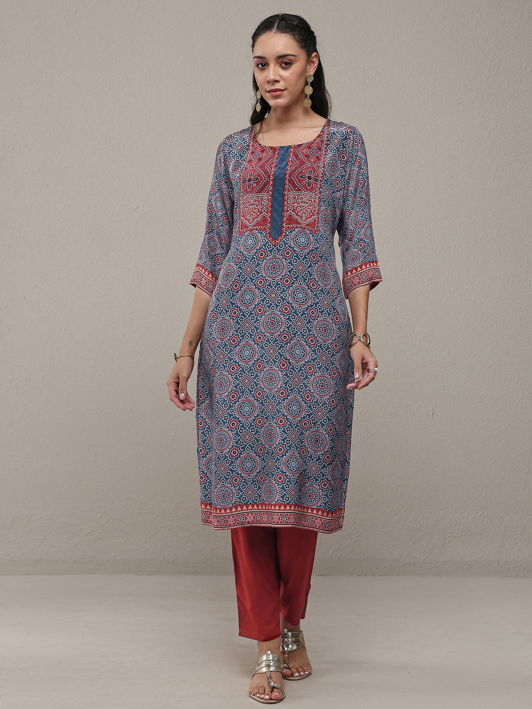 Libas Navy Blue Ajrakh Printed Crepe Straight Kurta