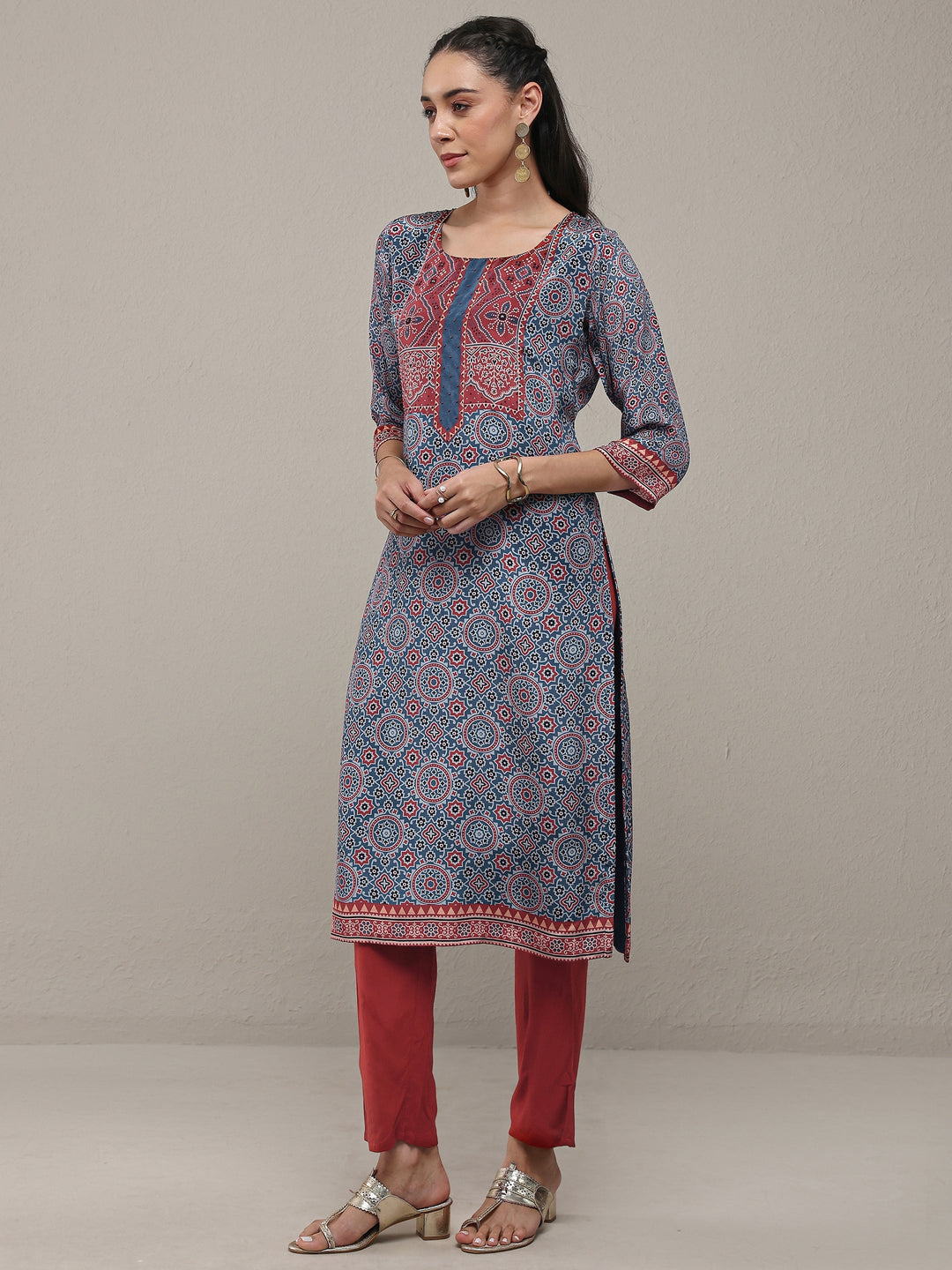 Libas Navy Blue Ajrakh Printed Crepe Straight Kurta
