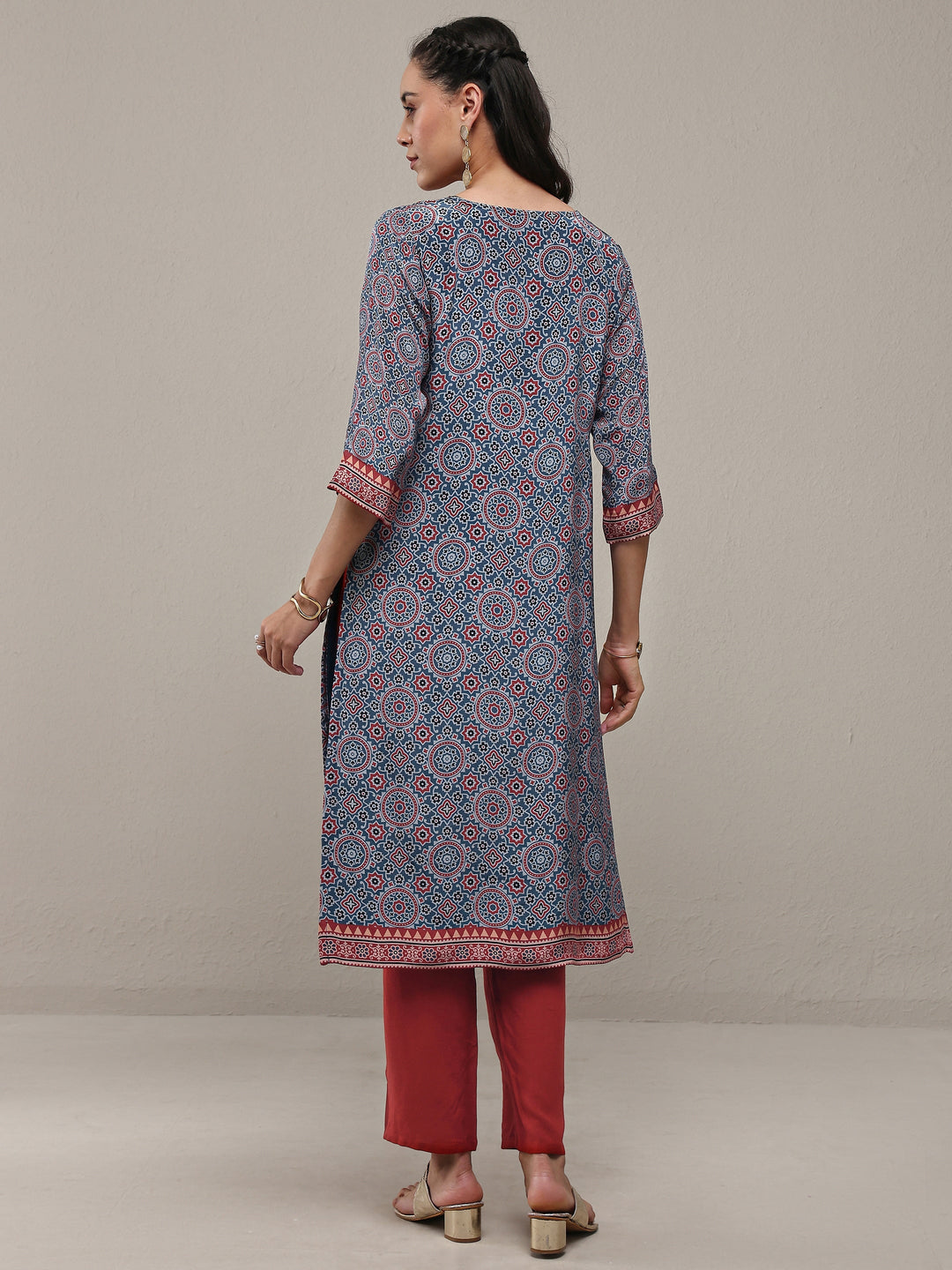 Libas Navy Blue Ajrakh Printed Crepe Straight Kurta
