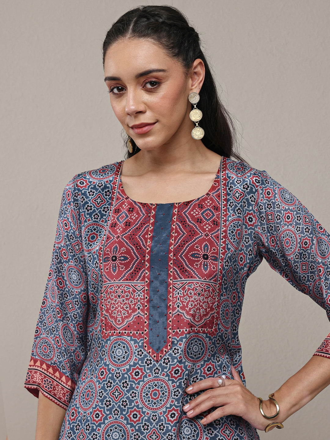 Libas Navy Blue Ajrakh Printed Crepe Straight Kurta
