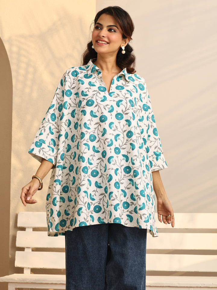 White Floral Printed Cotton Straight Short Kurti
