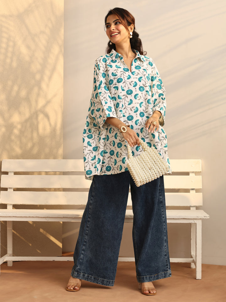 White Floral Printed Cotton Straight Short Kurti