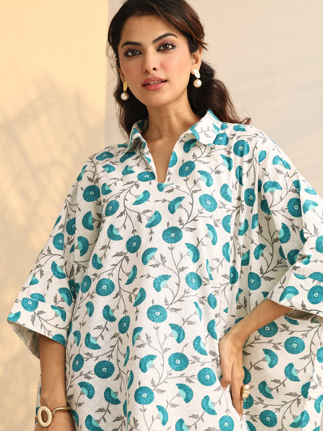 White Floral Printed Cotton Straight Short Kurti