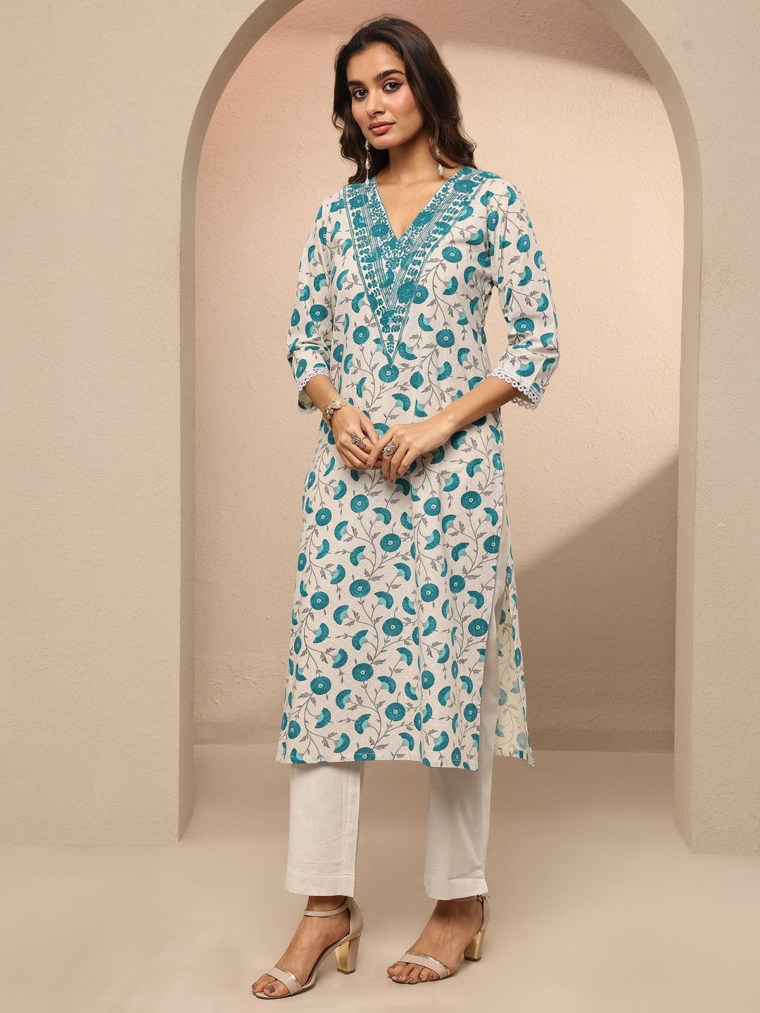 White Printed Cotton Straight Kurta