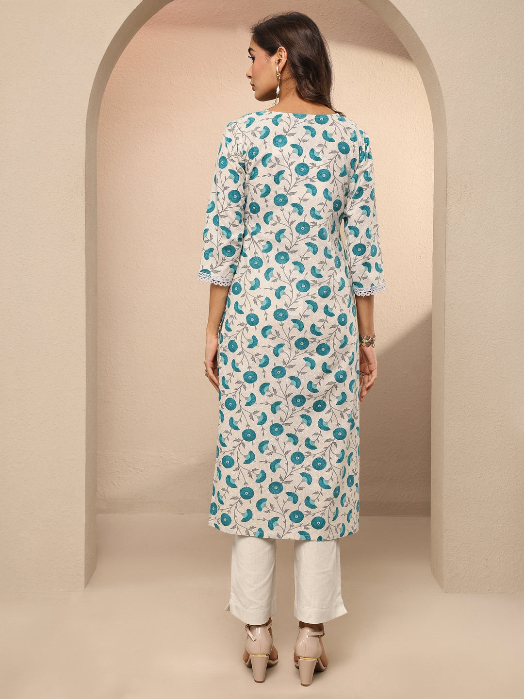 White Printed Cotton Straight Kurta