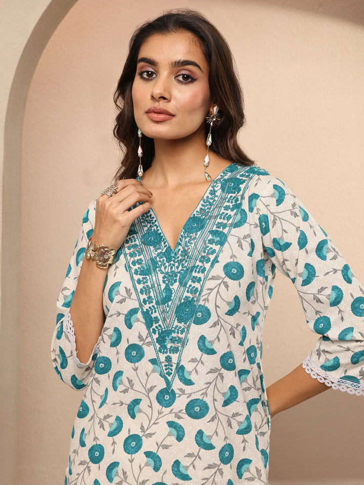 White Printed Cotton Straight Kurta