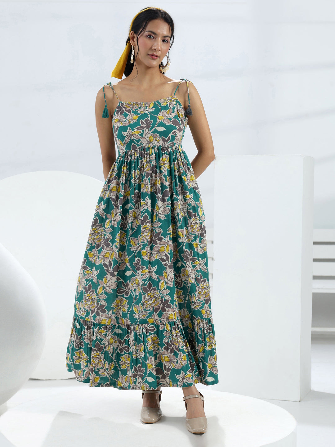 Teal Floral Printed Fit-And-Flare Cotton One-Piece Dress