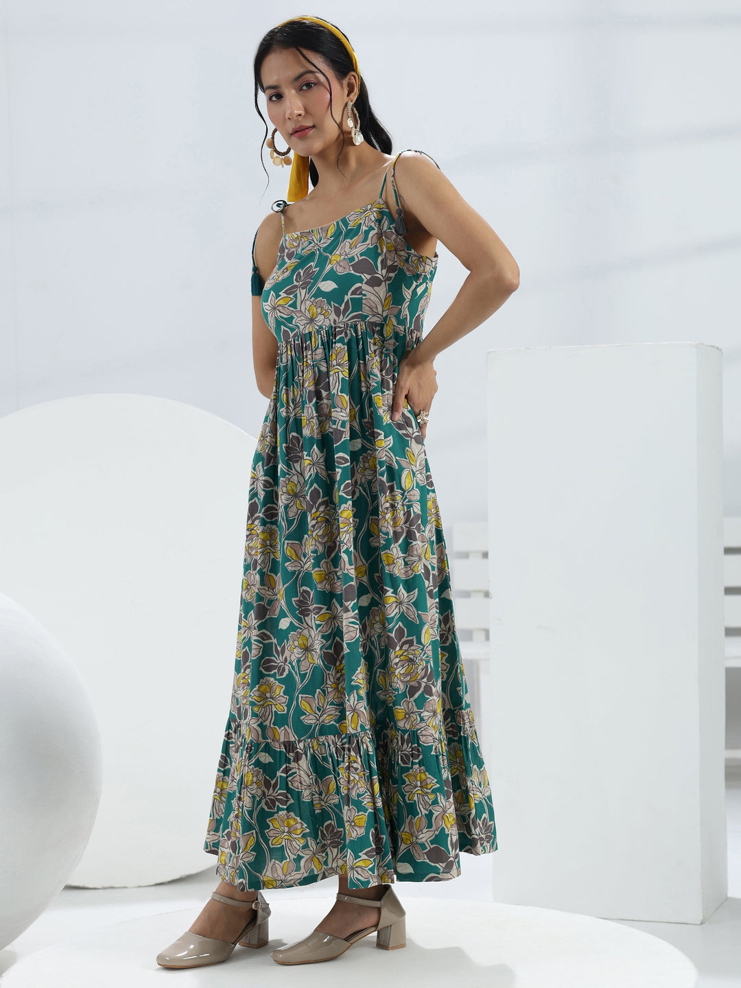 Teal Floral Printed Fit-And-Flare Cotton One-Piece Dress