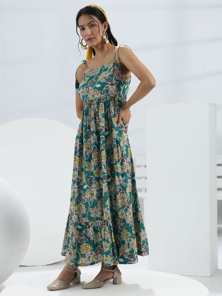 Teal Floral Printed Fit-And-Flare Cotton One-Piece Dress