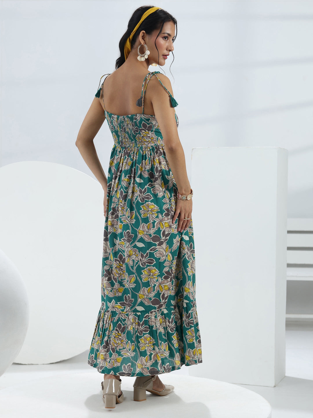 Teal Floral Printed Fit-And-Flare Cotton One-Piece Dress