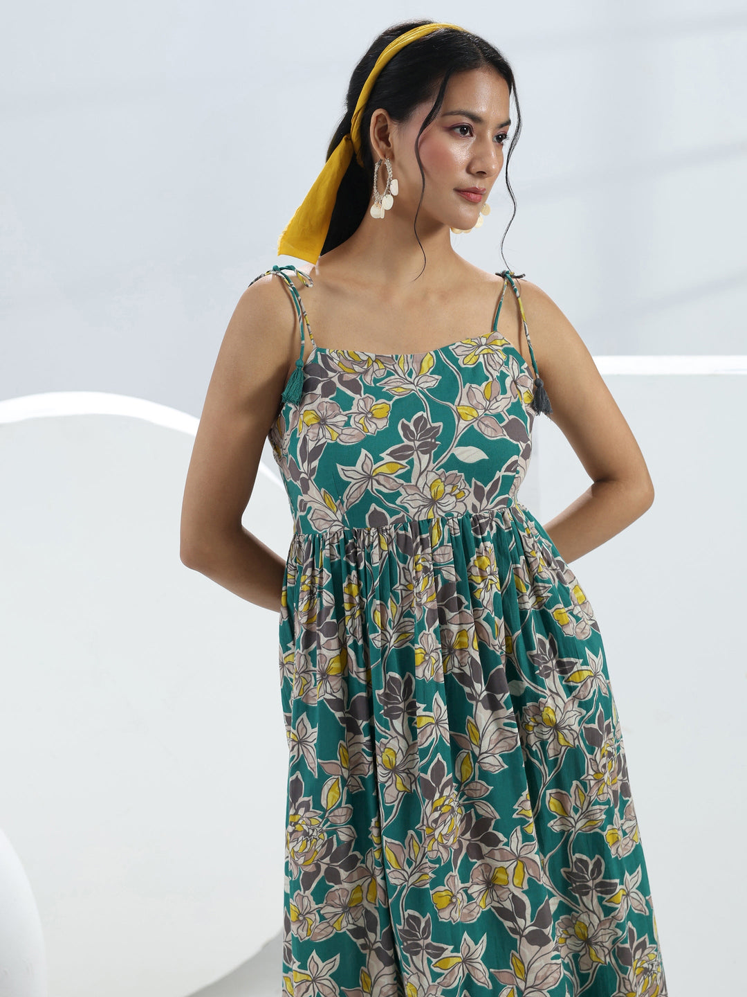 Teal Floral Printed Fit-And-Flare Cotton One-Piece Dress