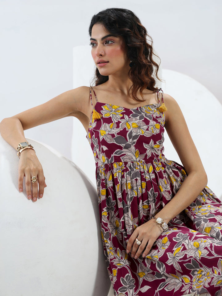Burgundy Floral Printed Cotton Fit-And-Flare One-Piece Dress