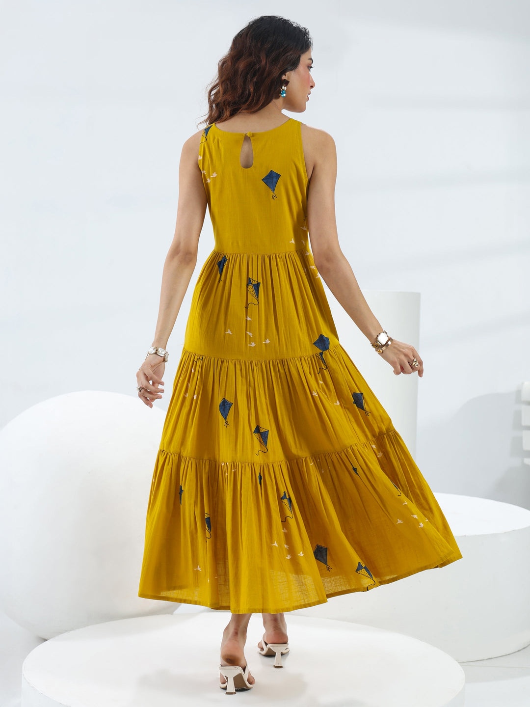 Mustard Quirky Printed Cotton Fit-And-Flare One-Piece Tiered Dress