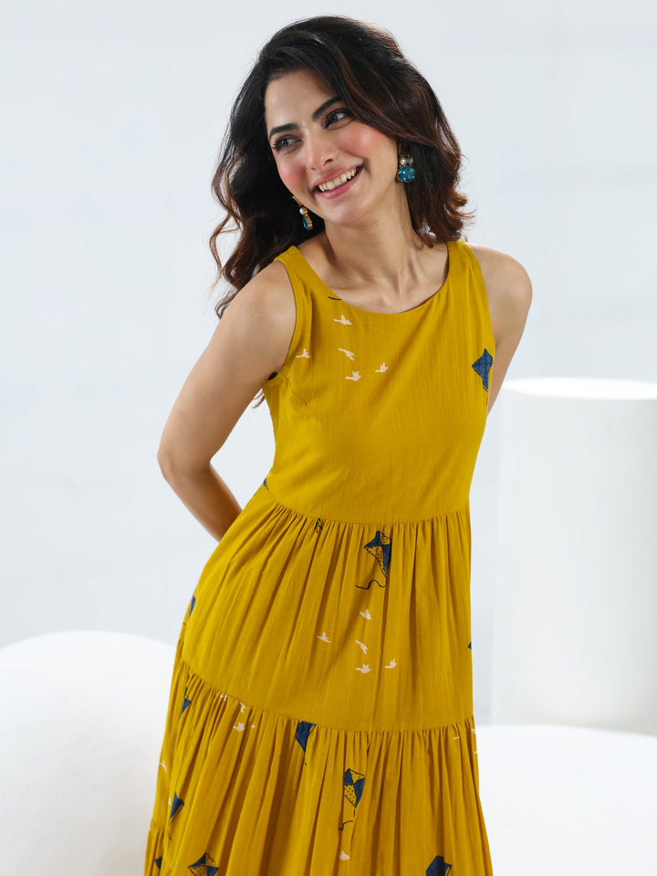 Mustard Quirky Printed Cotton Fit-And-Flare One-Piece Tiered Dress