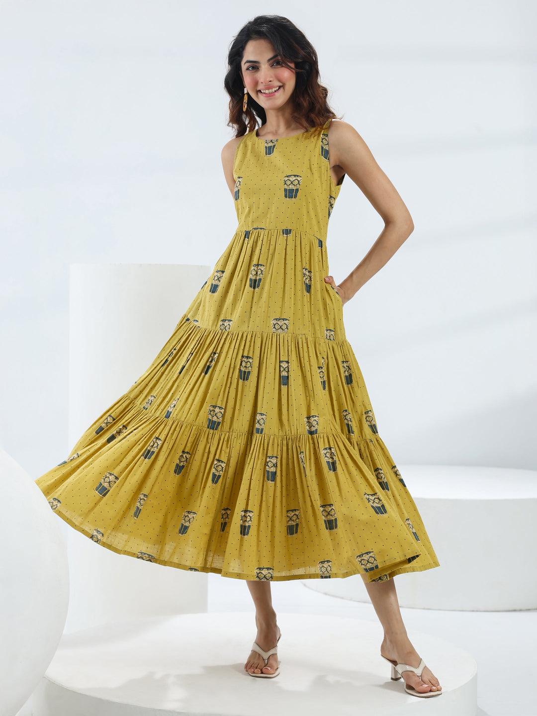 Olive Quirky Printed Cotton Fit-And-Flare One-Piece Tiered Dress