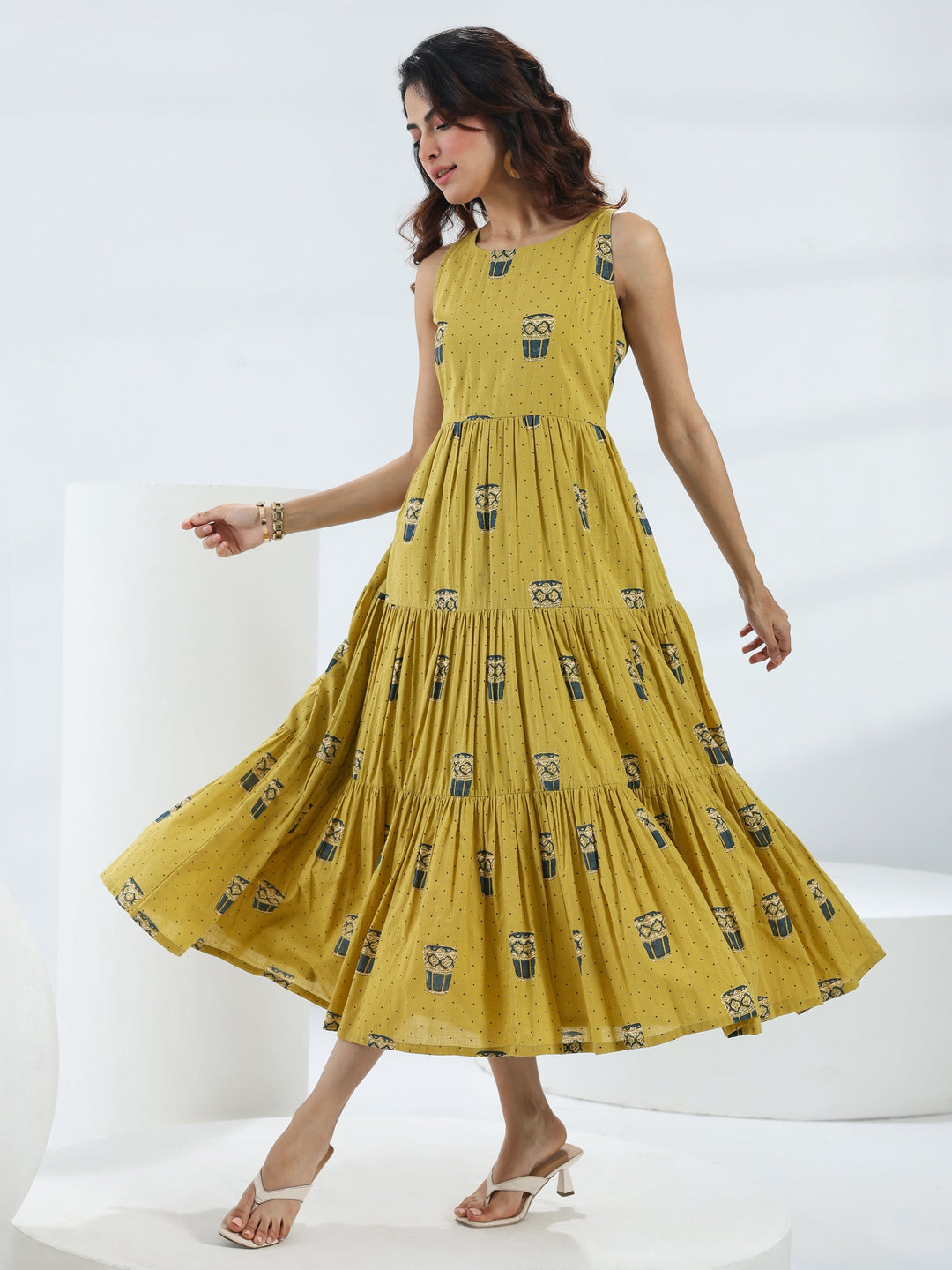 Olive Quirky Printed Cotton Fit-And-Flare One-Piece Tiered Dress