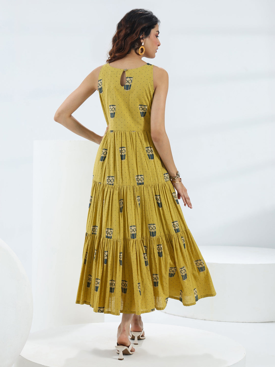 Olive Quirky Printed Cotton Fit-And-Flare One-Piece Tiered Dress