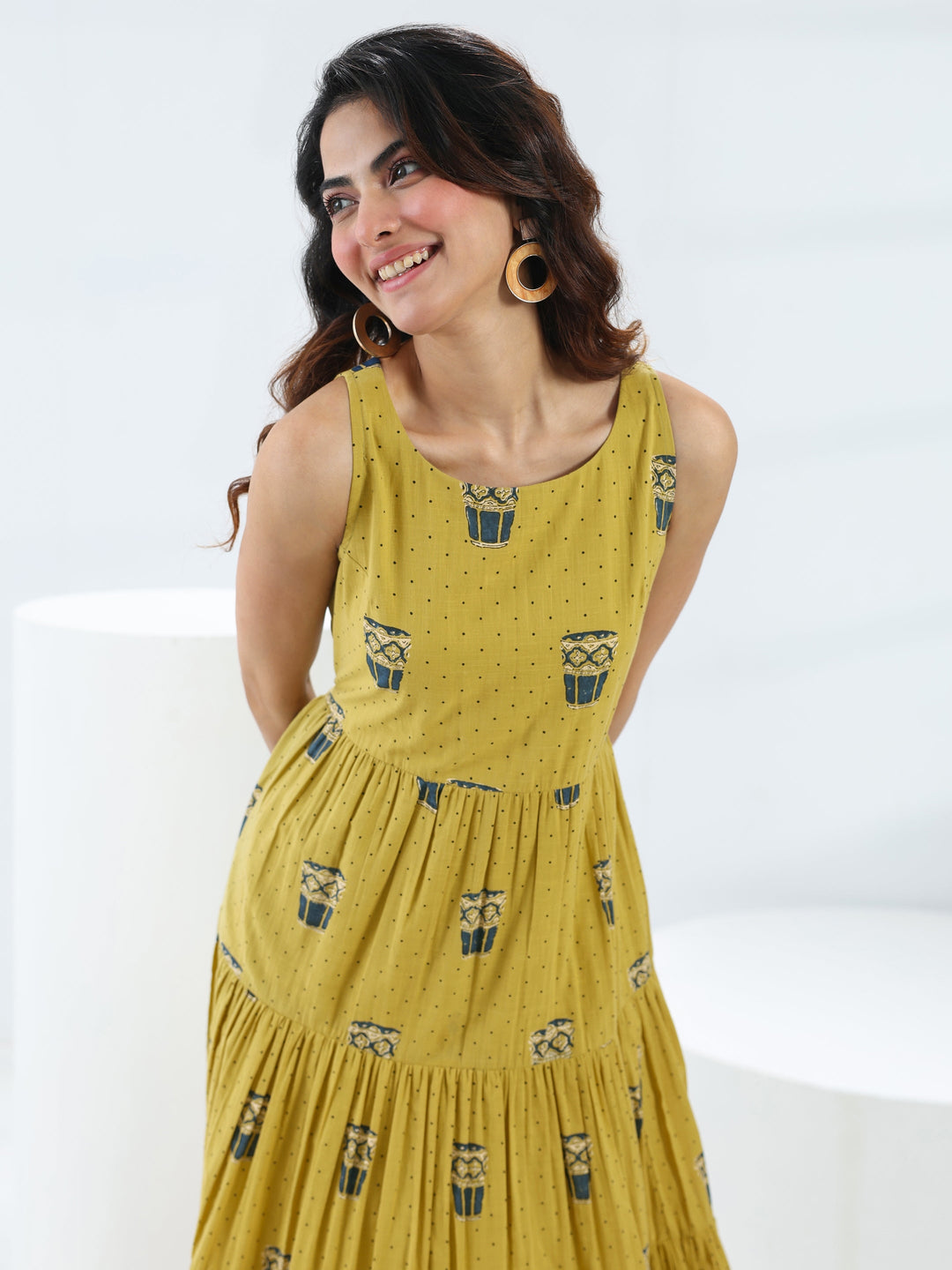 Olive Quirky Printed Cotton Fit-And-Flare One-Piece Tiered Dress
