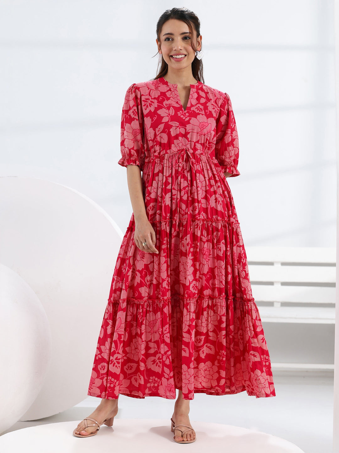 Libas Pink Floral Printed Cotton Fit-And-Flare Tiered One Piece Dress