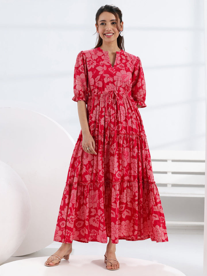 Libas Pink Floral Printed Cotton Fit-And-Flare Tiered One Piece Dress