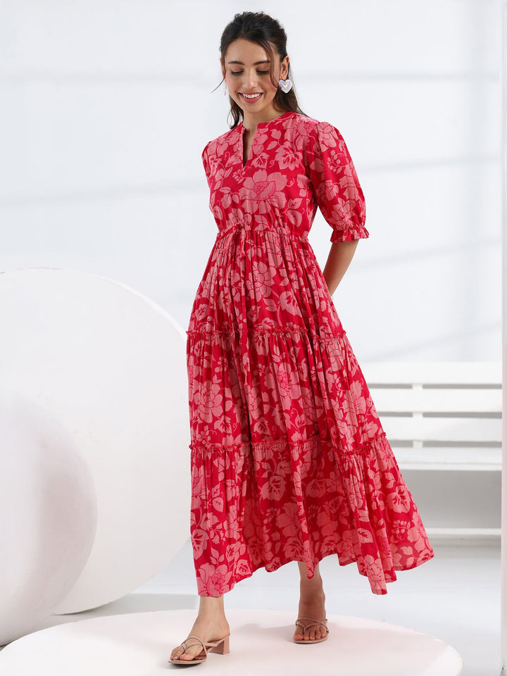Libas Pink Floral Printed Cotton Fit-And-Flare Tiered One Piece Dress