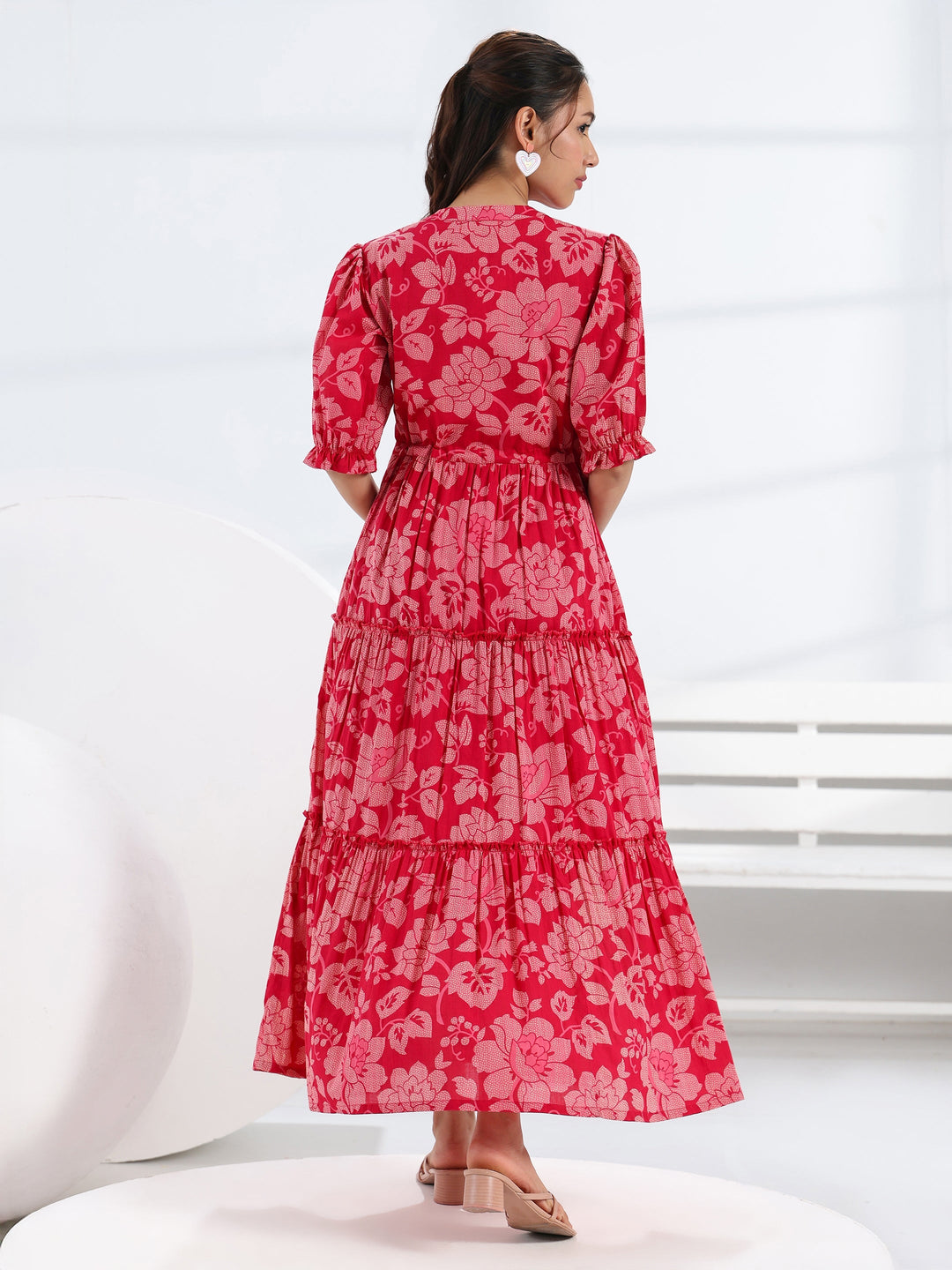 Libas Pink Floral Printed Cotton Fit-And-Flare Tiered One Piece Dress