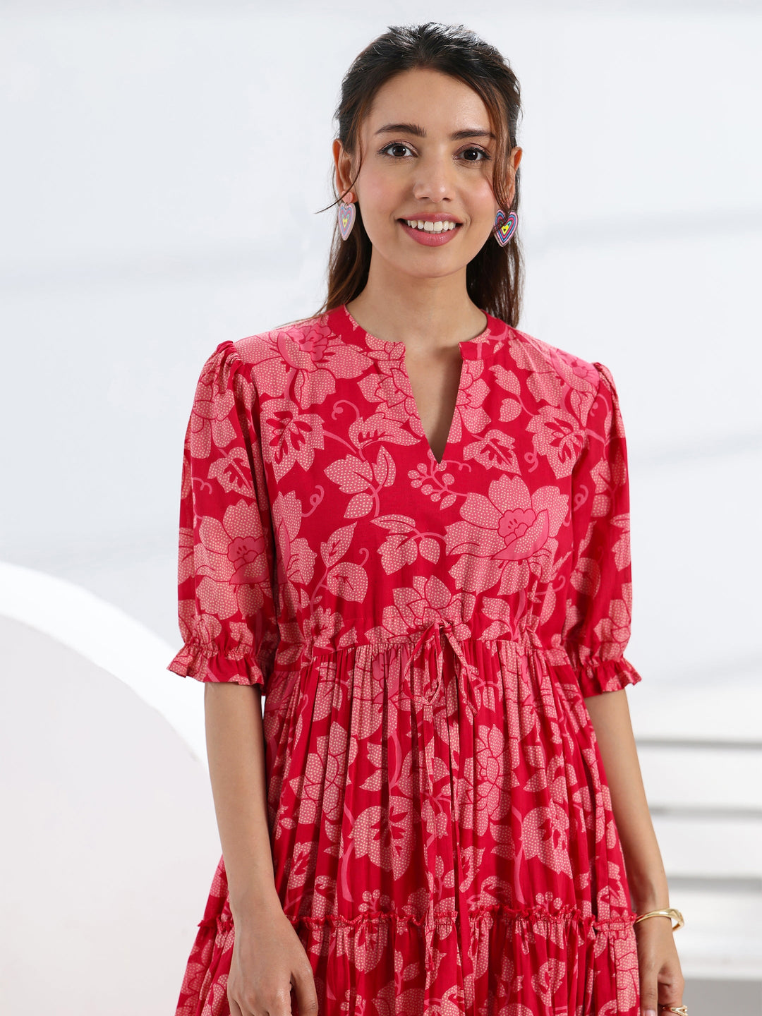 Libas Pink Floral Printed Cotton Fit-And-Flare Tiered One Piece Dress