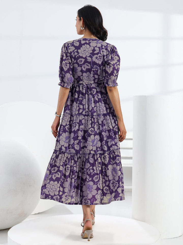 Purple Floral Printed Cotton Tiered One Piece Dress