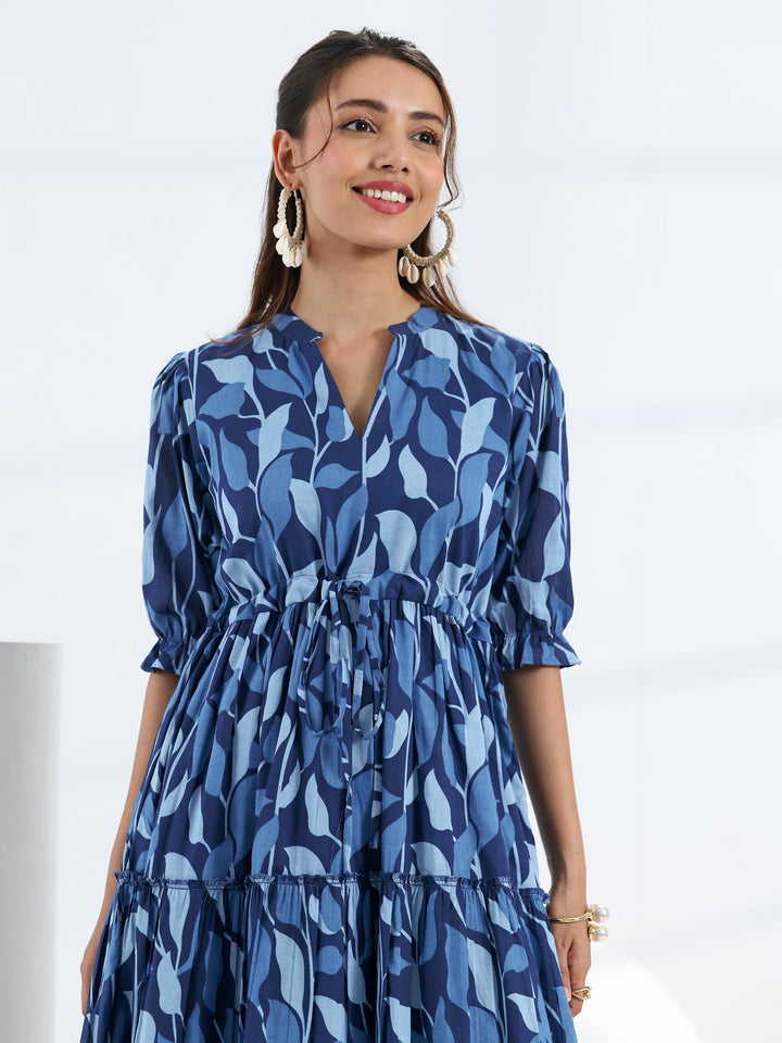 Blue Tropical Printed Cotton Tiered  One Piece Dress