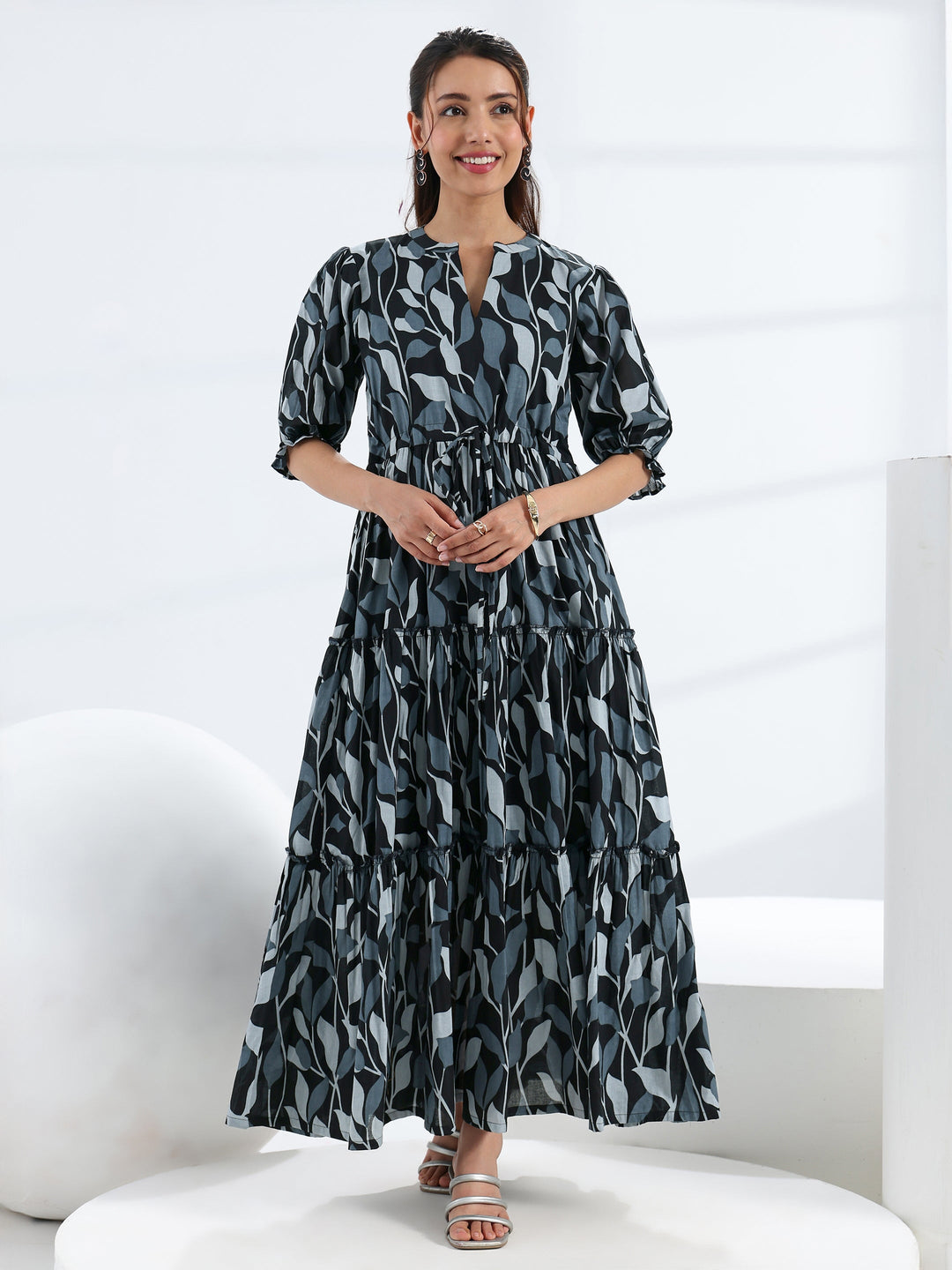 Black Tropical Printed Cotton Tiered One Piece Dress