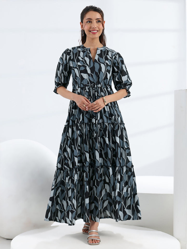 Black Tropical Printed Cotton Tiered One Piece Dress