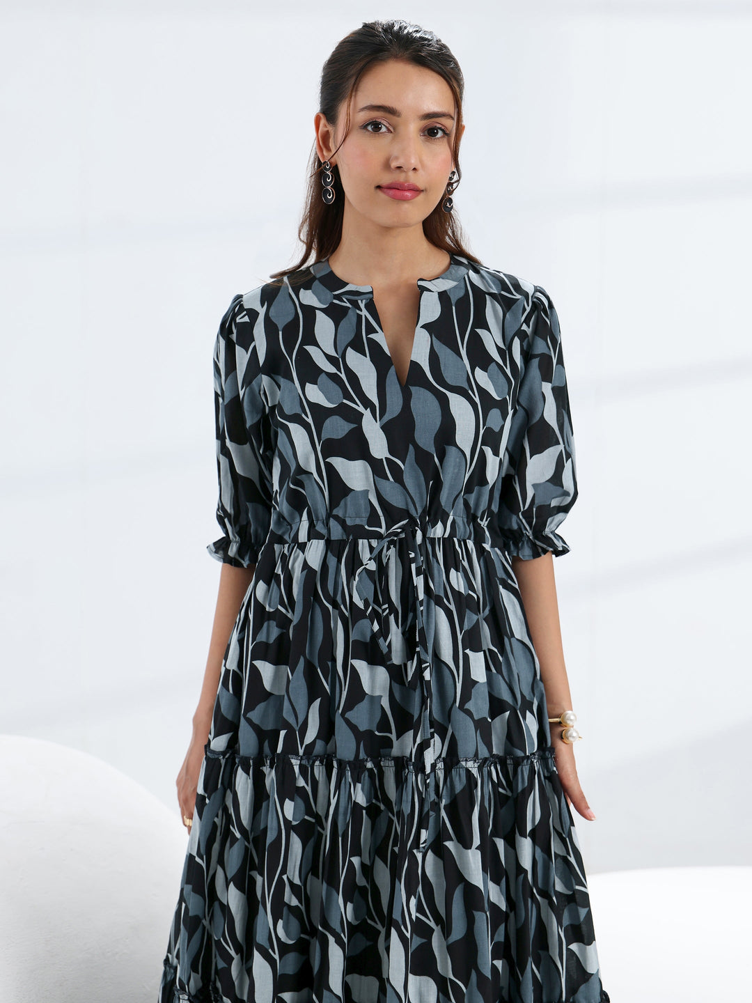 Black Tropical Printed Cotton Tiered One Piece Dress