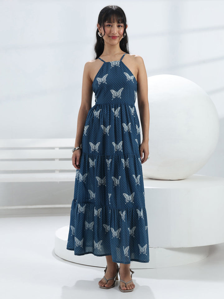Blue Butterfly Printed Fit-And-Flare Cotton Blend One-Piece Tiered Dress