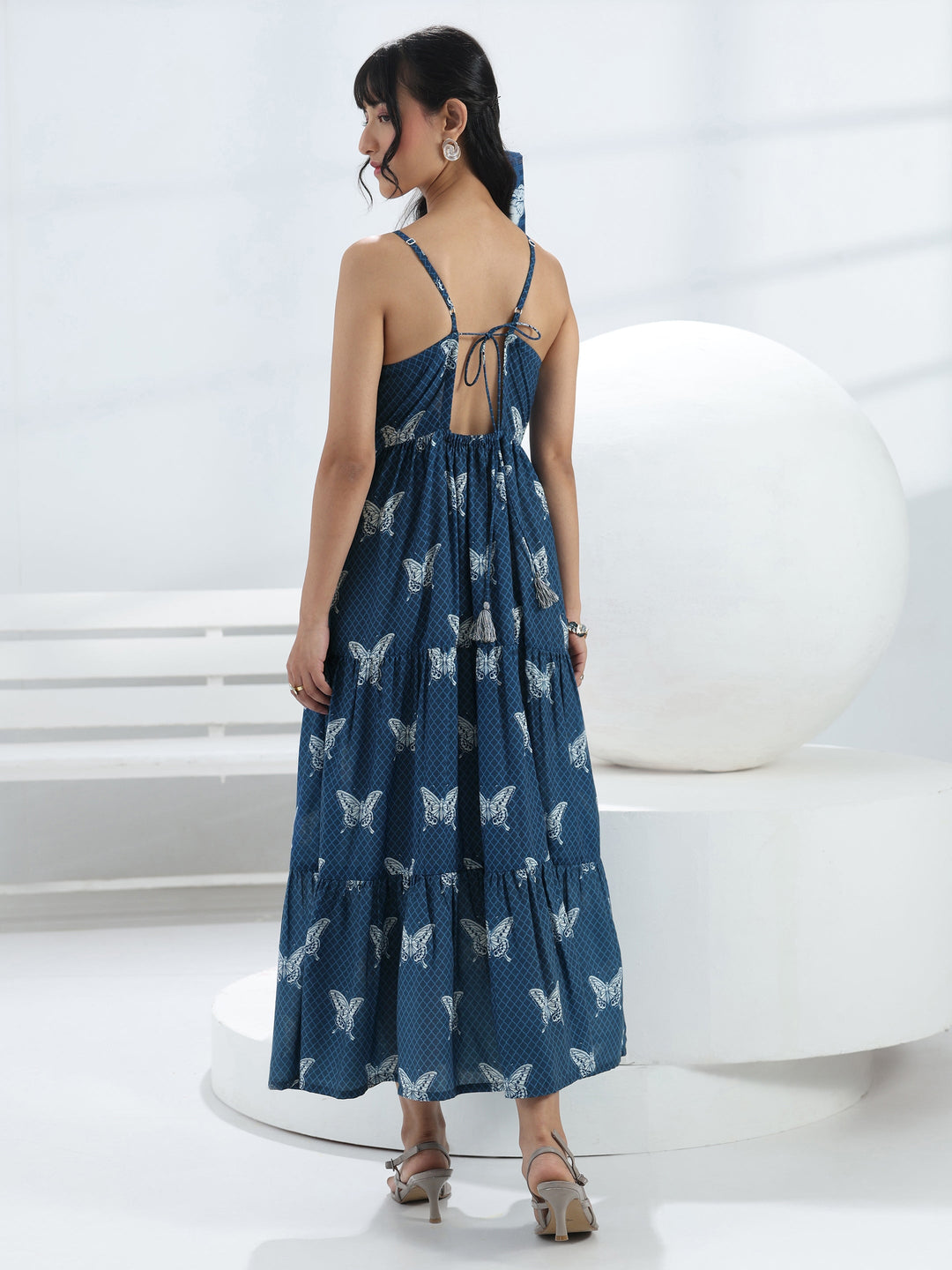 Blue Butterfly Printed Fit-And-Flare Cotton Blend One-Piece Tiered Dress