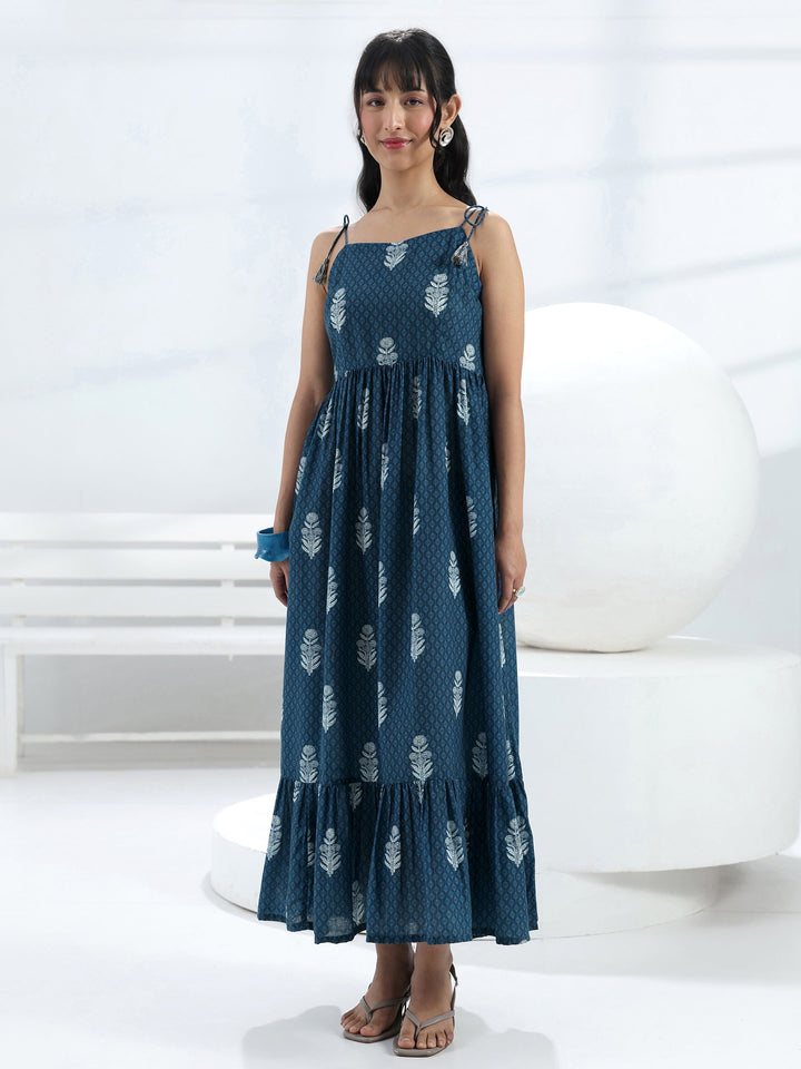 Blue Printed Fit-And-Flare Cotton Blend One-Piece Dress