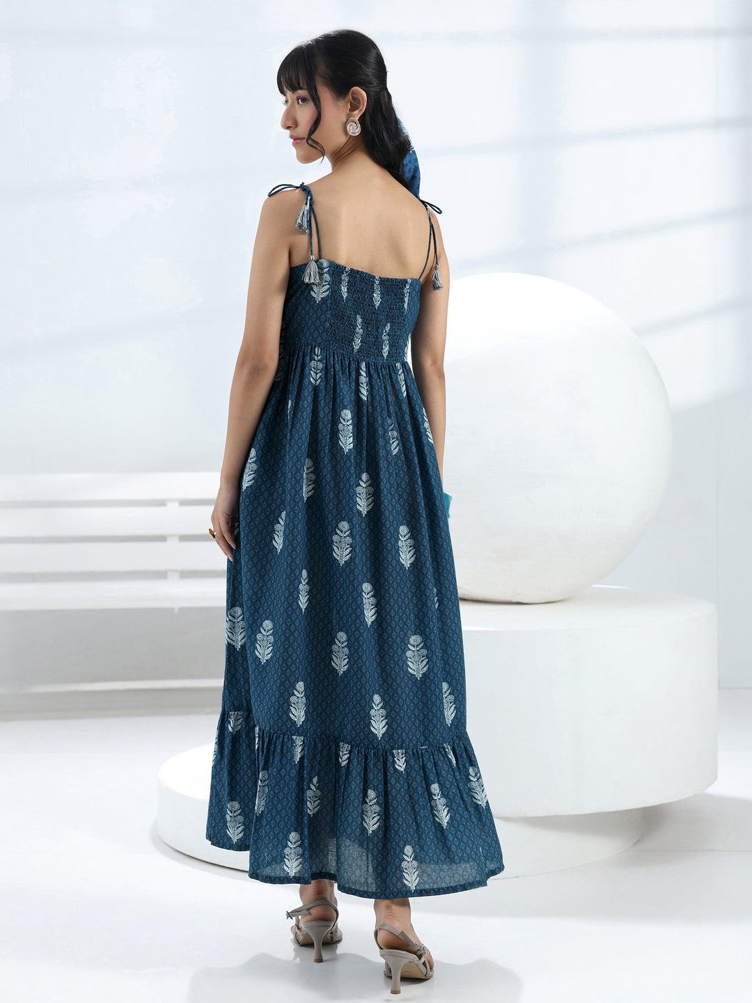 Blue Printed Fit-And-Flare Cotton Blend One-Piece Dress