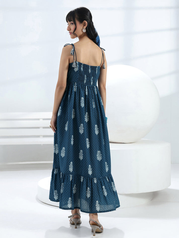 Blue Printed Fit-And-Flare Cotton Blend One-Piece Dress
