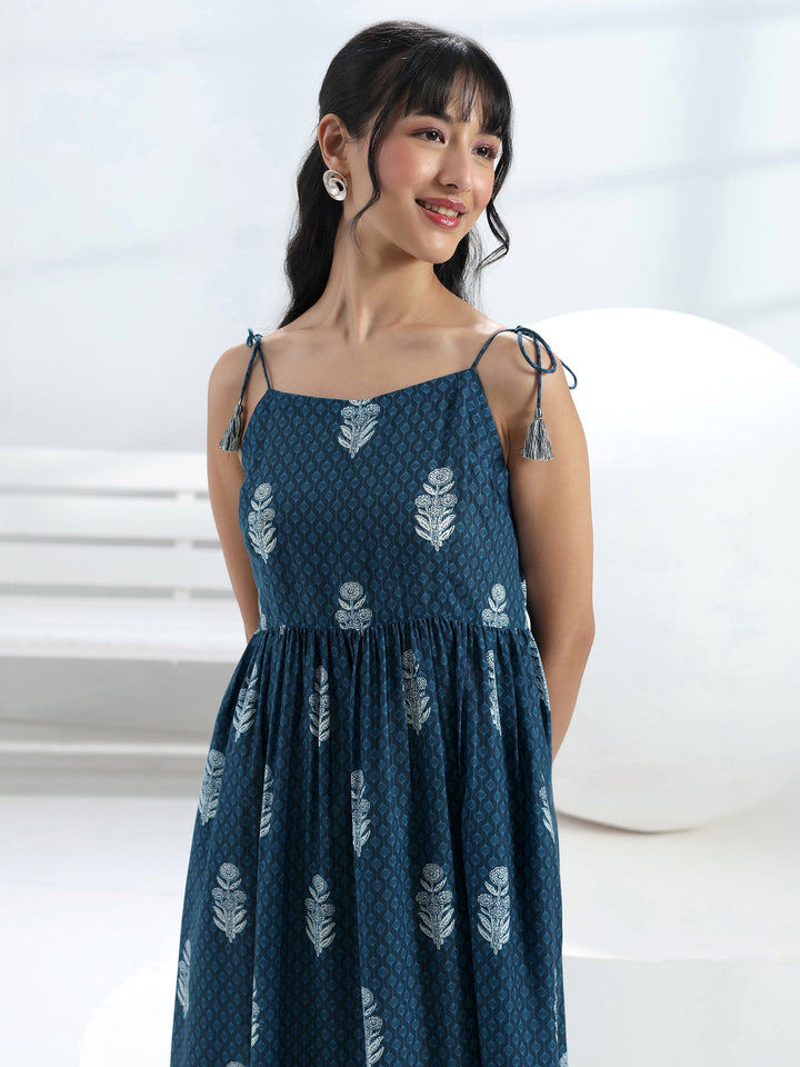 Blue Printed Fit-And-Flare Cotton Blend One-Piece Dress