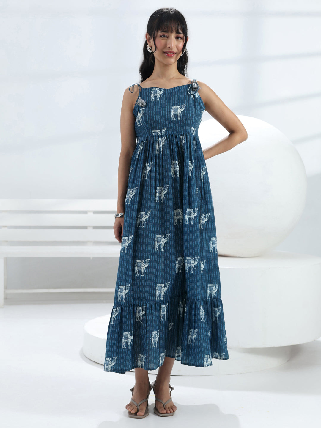 Blue Camel Printed Fit-And-Flare Cotton Blend One-Piece Dress