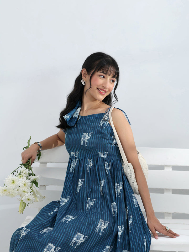 Blue Camel Printed Fit-And-Flare Cotton Blend One-Piece Dress