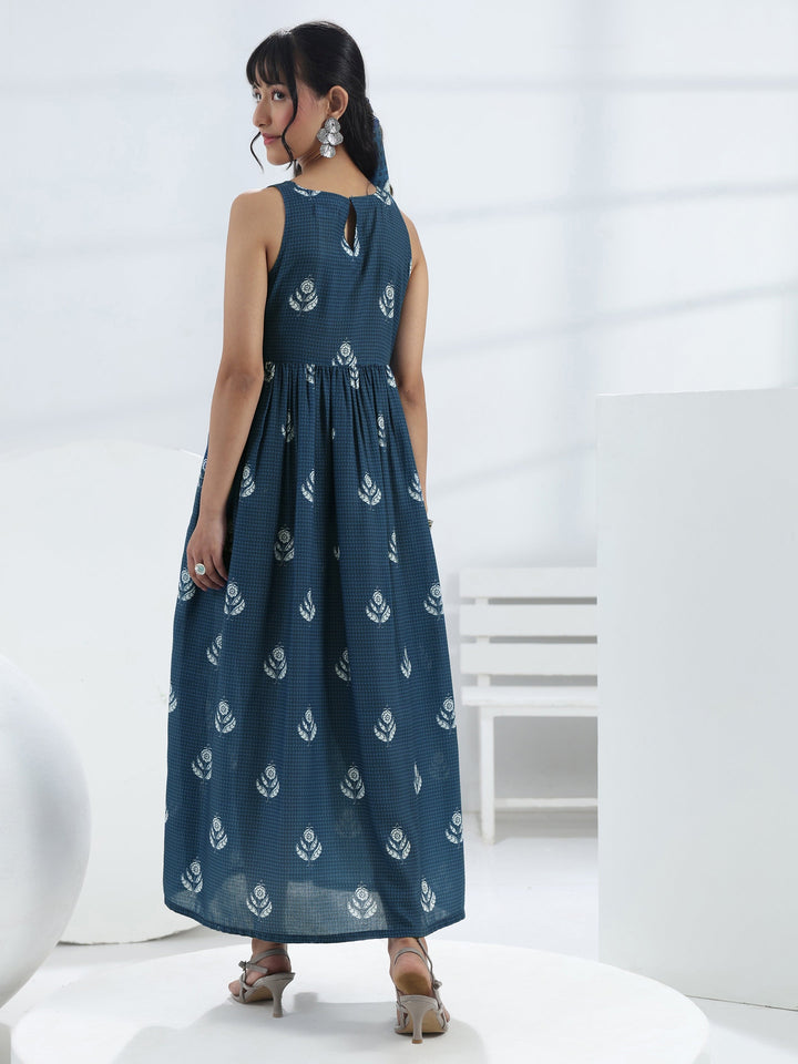 Blue Floral Printed A-Line Cotton Blend One-Piece Dress